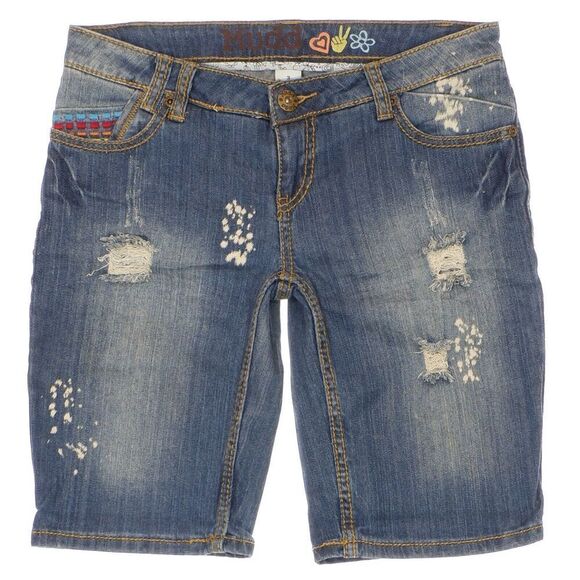 Mudd Shorts Juniors Size 3 Bermuda Distressed Splatter Blue Denim Stretch W29 - Picture 1 of 9